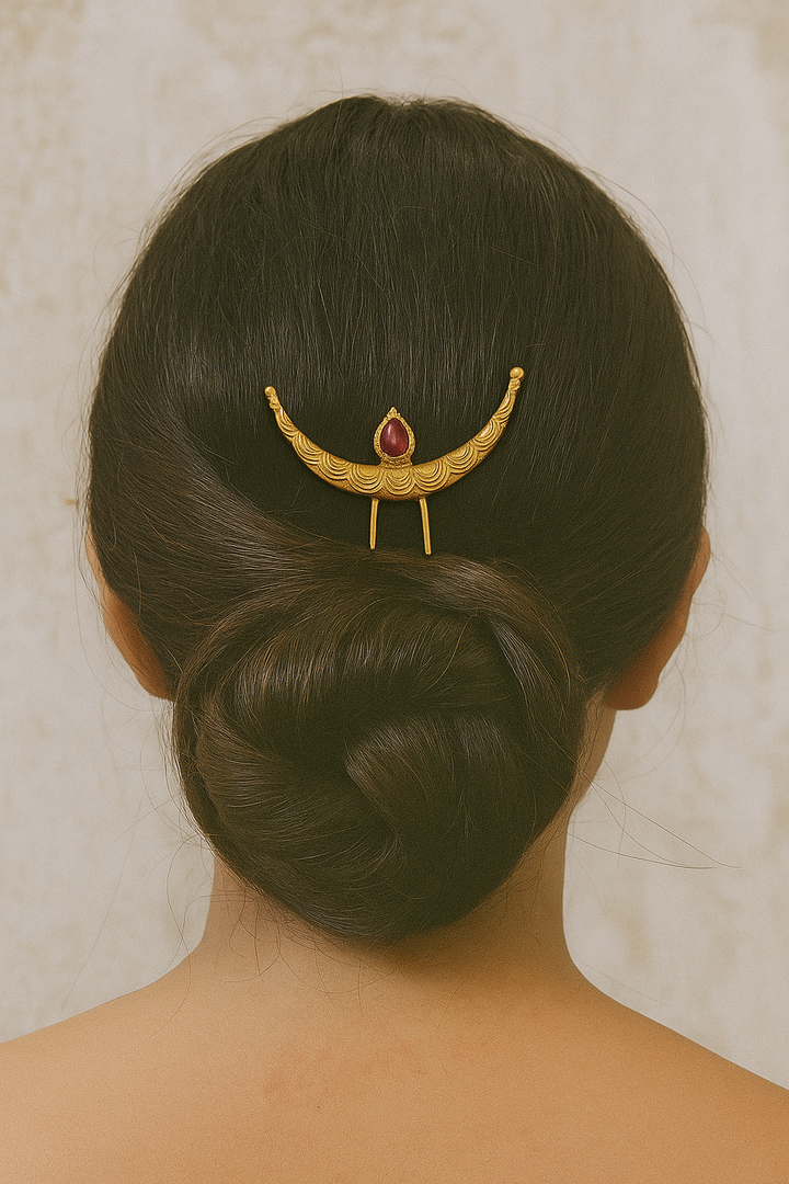 Minimal Crescent Khopa Pin with Ruby Accent
