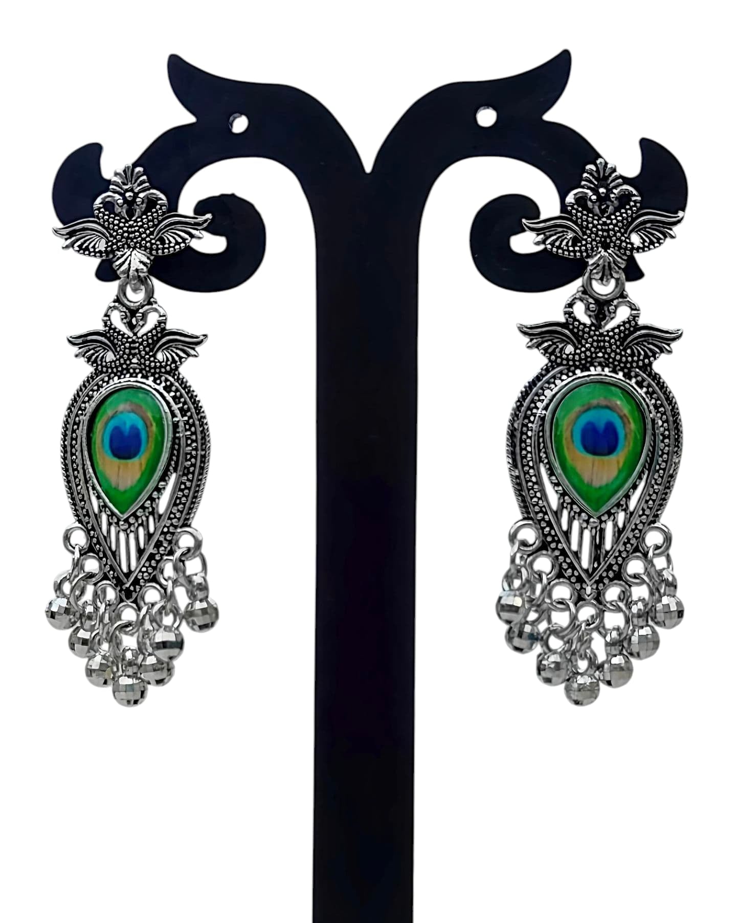 Oxidised Silver Peacock Feather Earrings