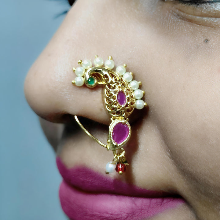 Traditional Maharashtrian Pearl & Stone Nath