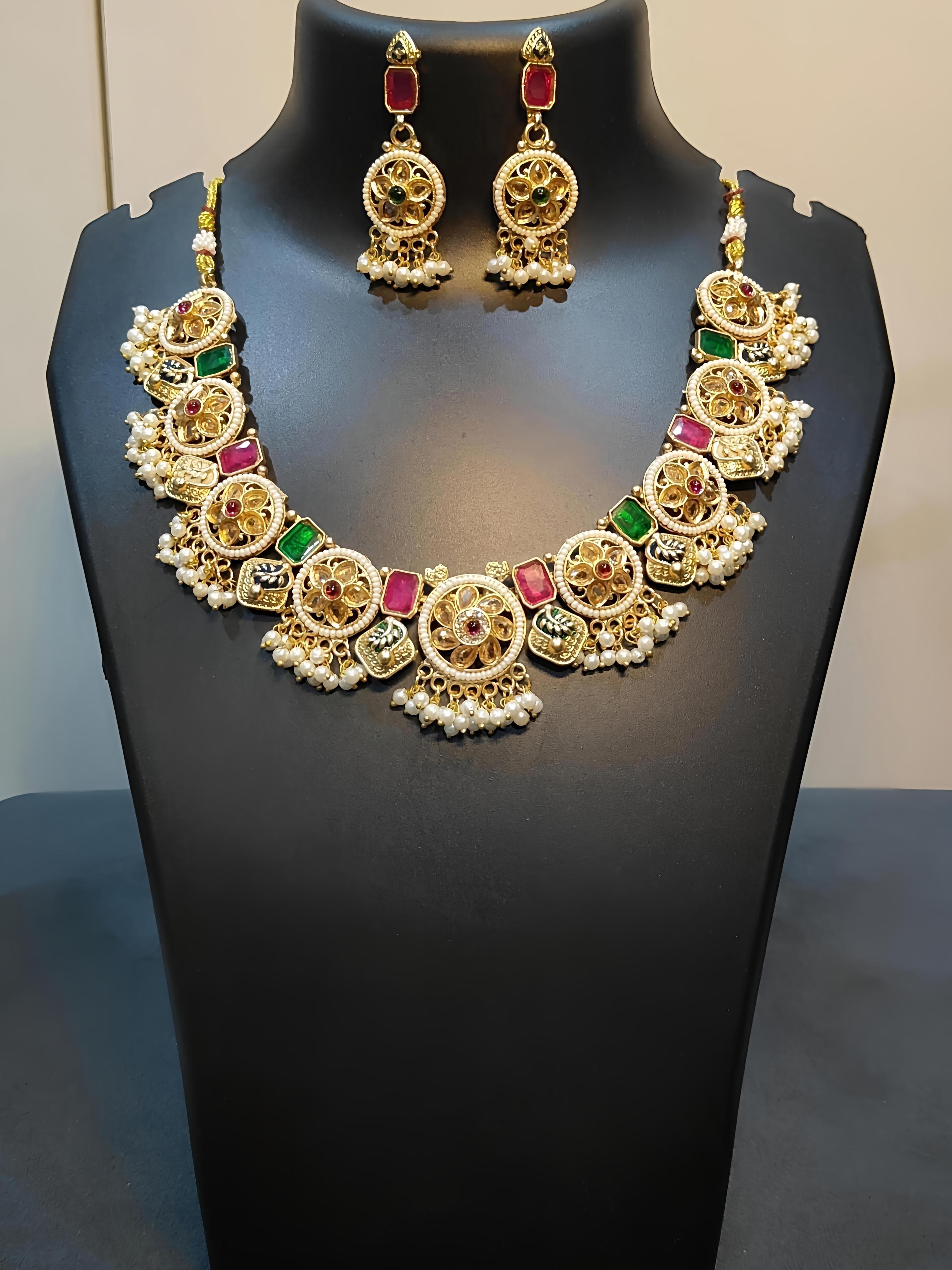 Temple-Inspired Kundan Necklace with Pearl Drops