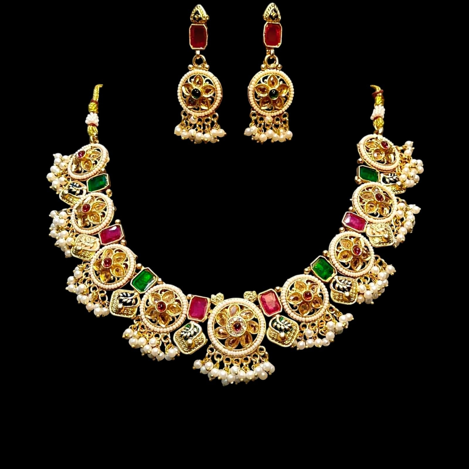 Temple-Inspired Kundan Necklace with Pearl Drops