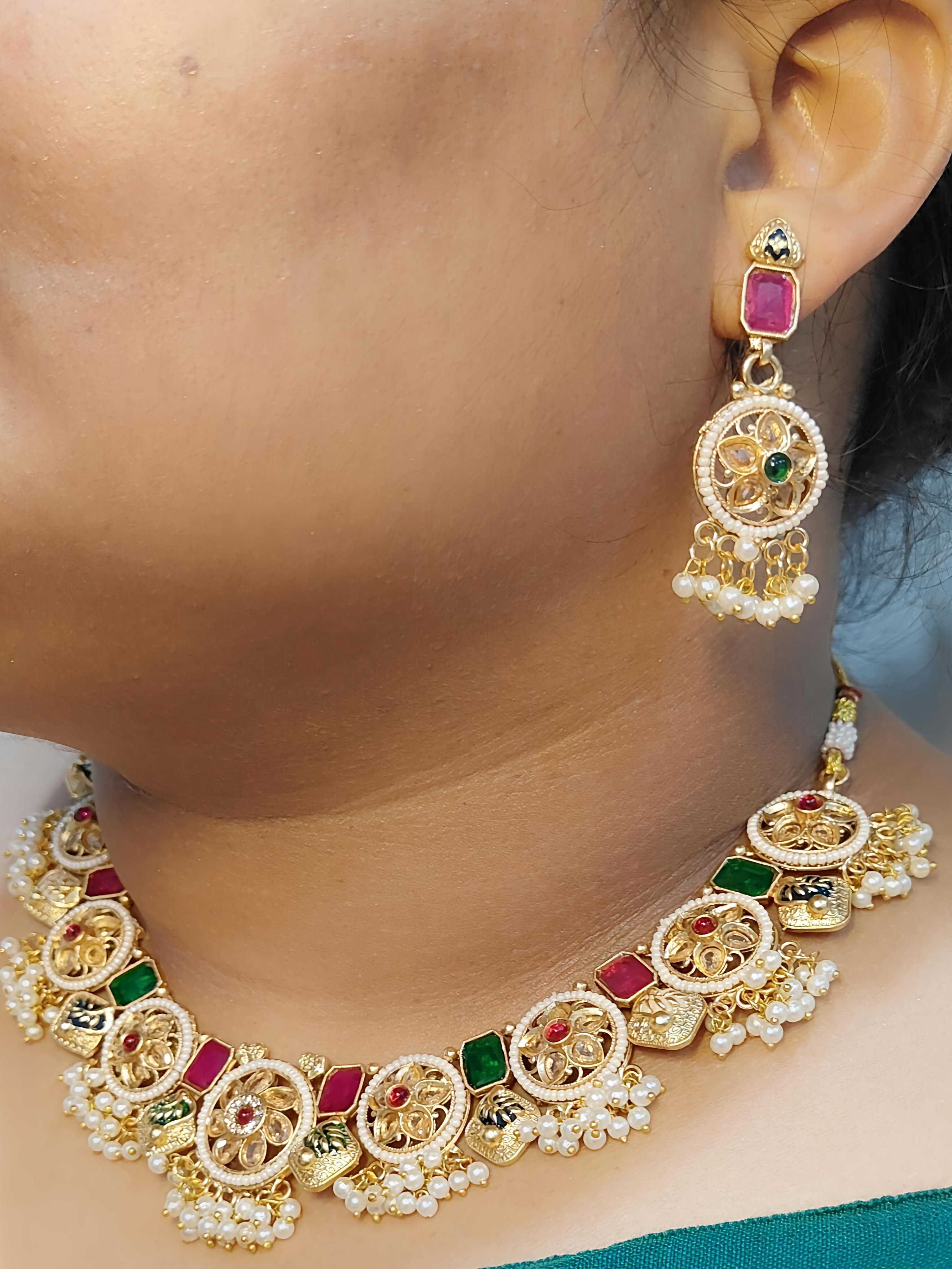 Temple-Inspired Kundan Necklace with Pearl Drops
