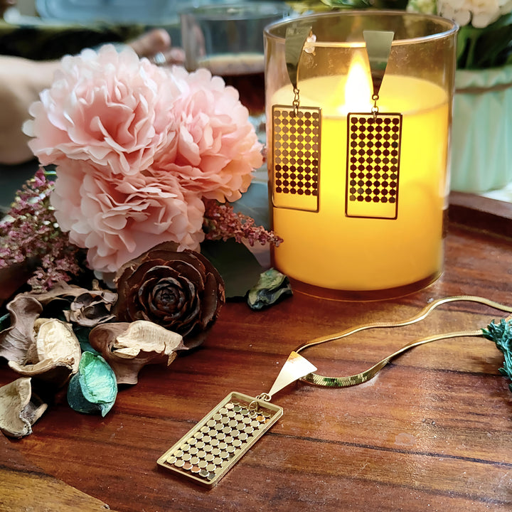 Geometric Muse – Modern Gold-Toned Pendant & Earrings Set