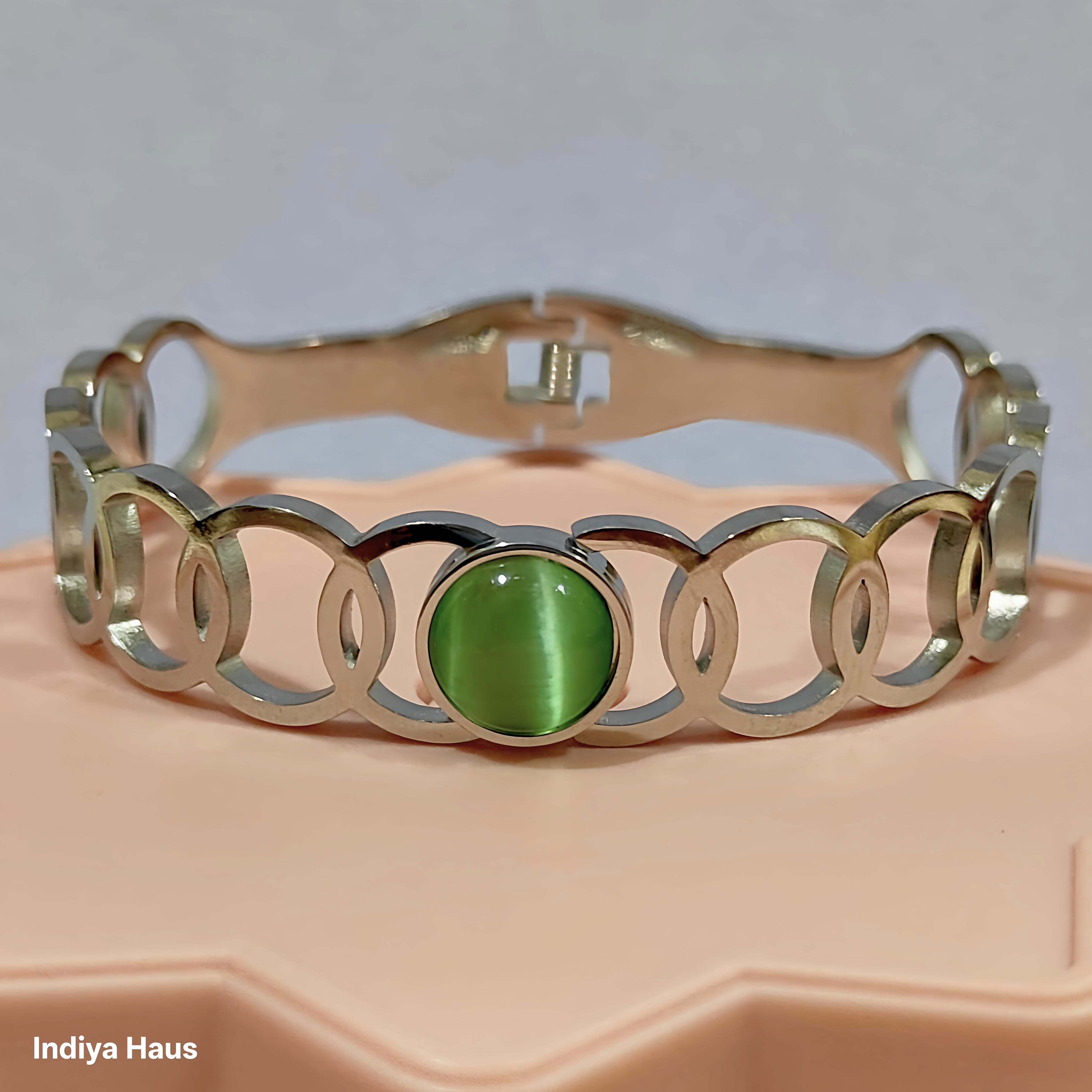 Geometric Link Bracelet with Green Stone