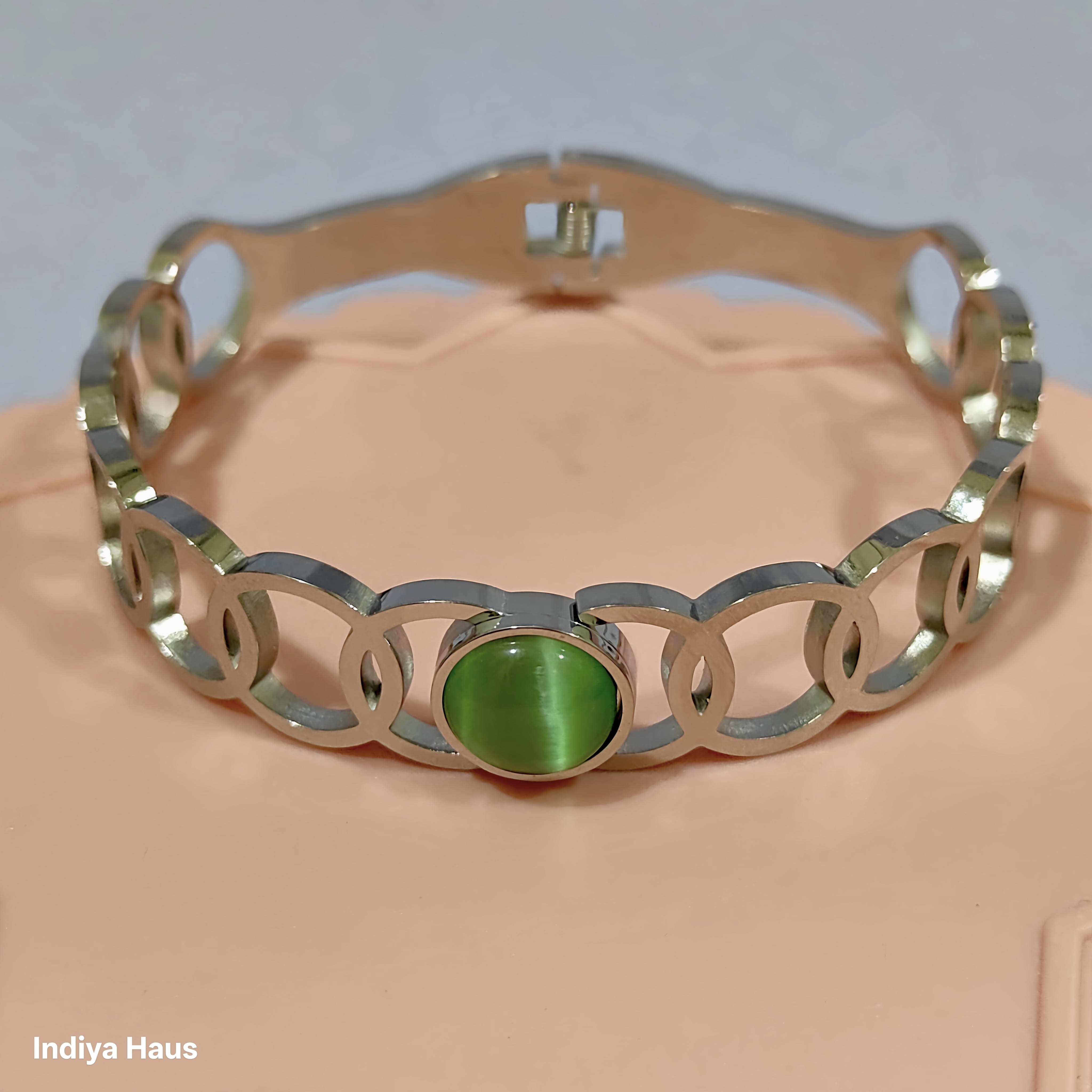 Geometric Link Bracelet with Green Stone