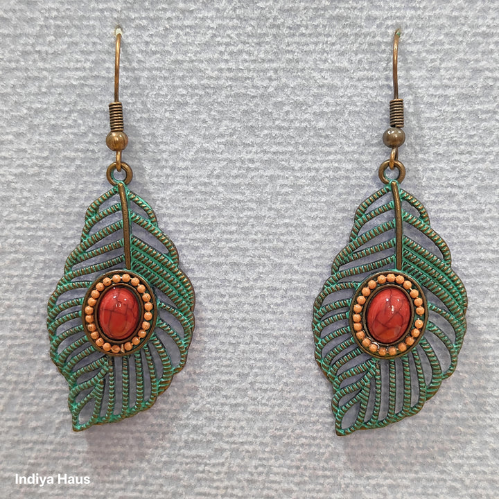 Patina Leaf & Red Stone Earrings