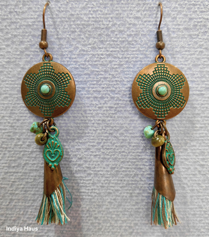 Boho Patina Medallion Tassel Earrings