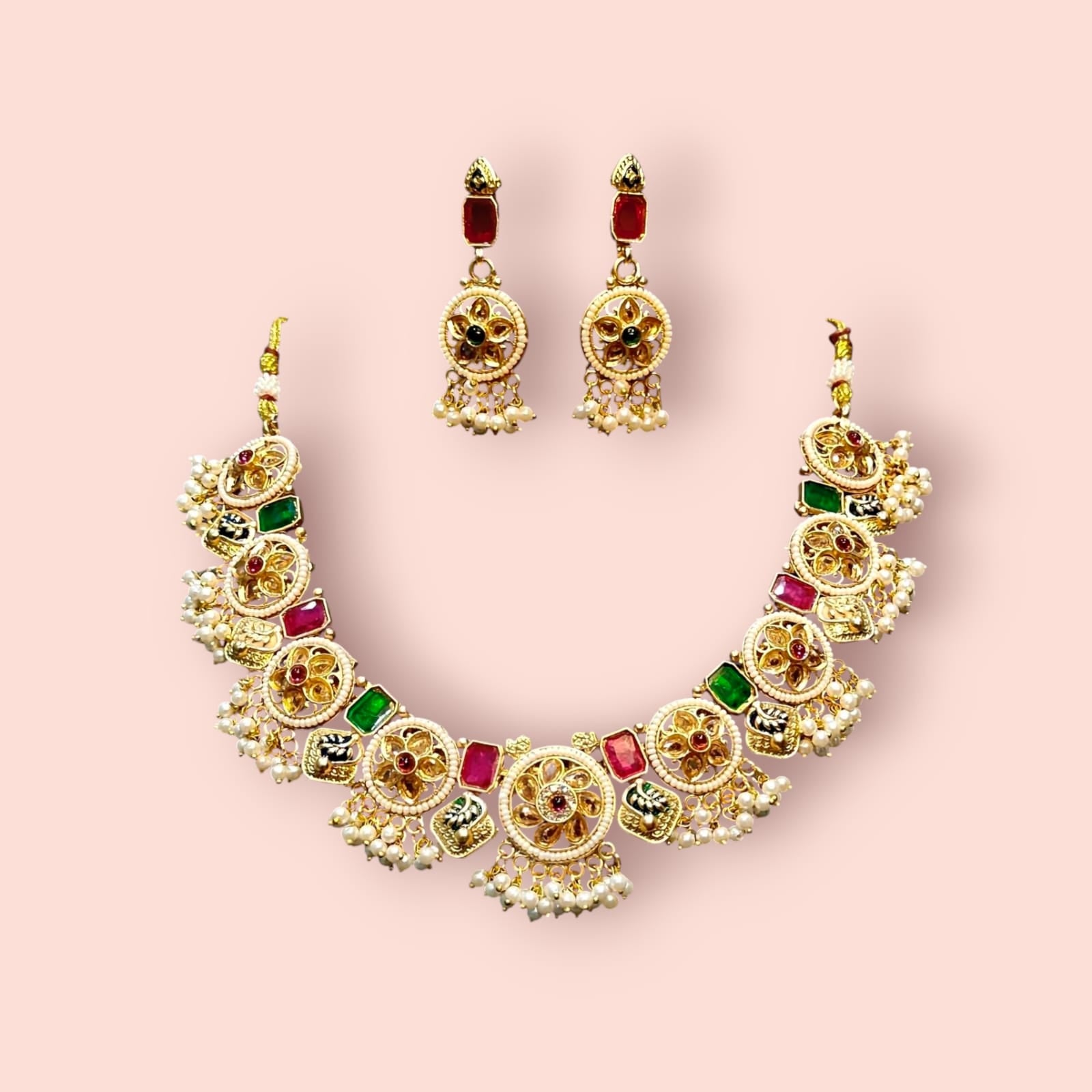 Temple-Inspired Kundan Necklace with Pearl Drops